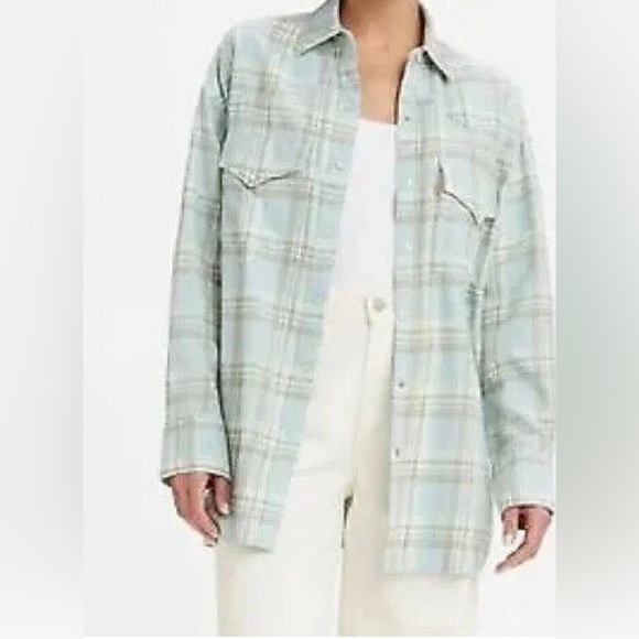 Levi's Women's Dylan Relaxed Western Shirt Kelsey Plaid Starlight Blue - Picture 1 of 9